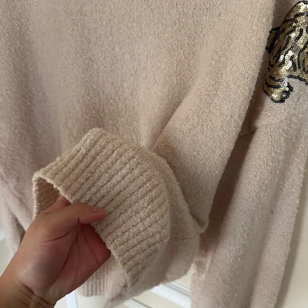 Peach Love Oatmeal Sequin Tiger Matted Sweater Pullover Preppy Bubble Sleeve - Picture 10 of 13